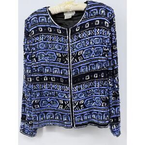 Vintage Papell Boutique Evening Silk Beaded Sequin Jacket Blue Black - 18W